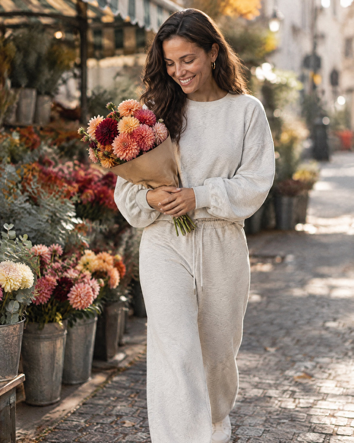 City Boxy Sweatshirt and City Straight-Leg Sweatpant in oat gray, outdoors