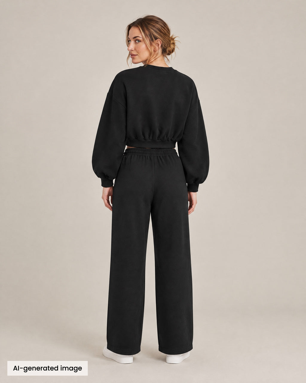 City Boxy Sweatshirt and City Straight-Leg Sweatpant in black, back view. AI-generated image.