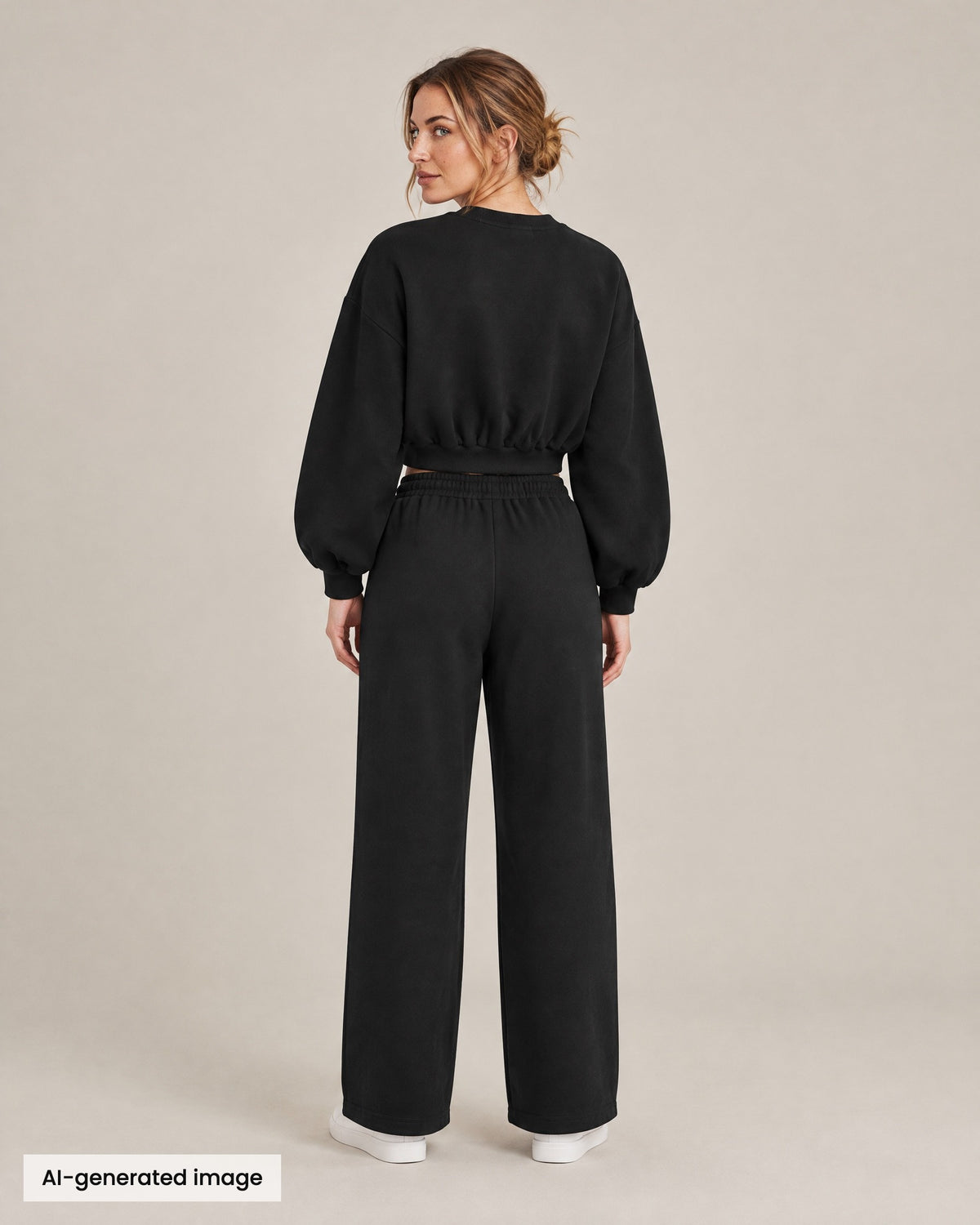 City Boxy Sweatshirt and City Straight-Leg Sweatpant in black, back view. AI-generated image.
