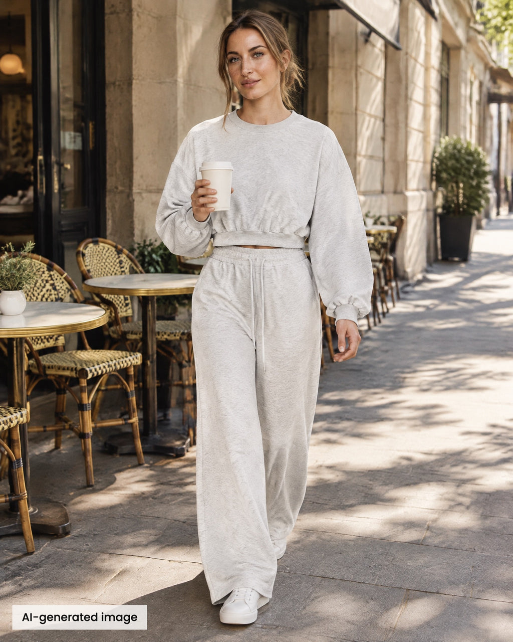 City Boxy Sweatshirt and City Straight-Leg Sweatpant in oat gray, on a city street. AI-generated image.