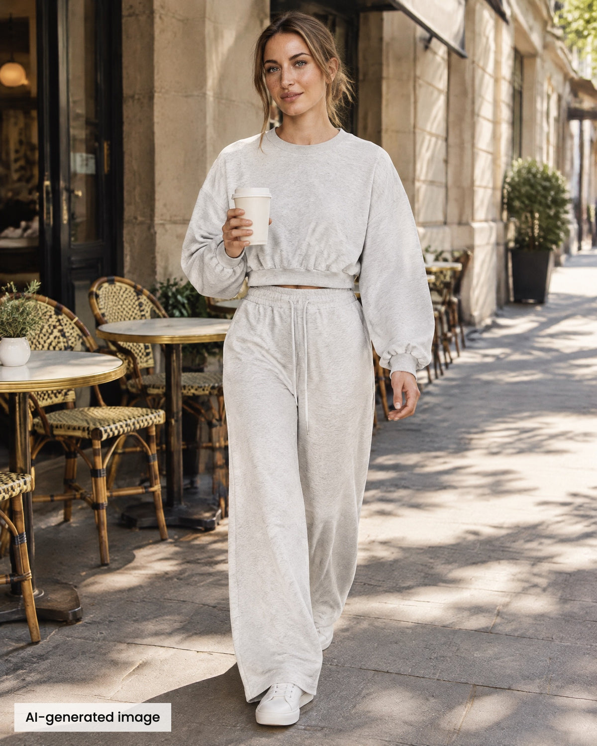 City Boxy Sweatshirt and City Straight-Leg Sweatpant in oat gray, on a city street. AI-generated image.