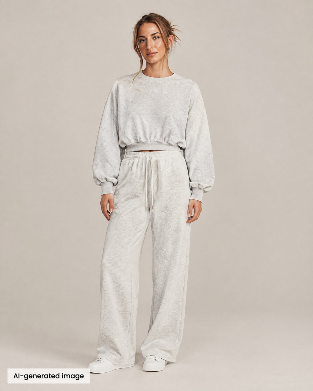 City Boxy Sweatshirt and City Straight-Leg Sweatpant in oat gray, front view. AI-generated image.