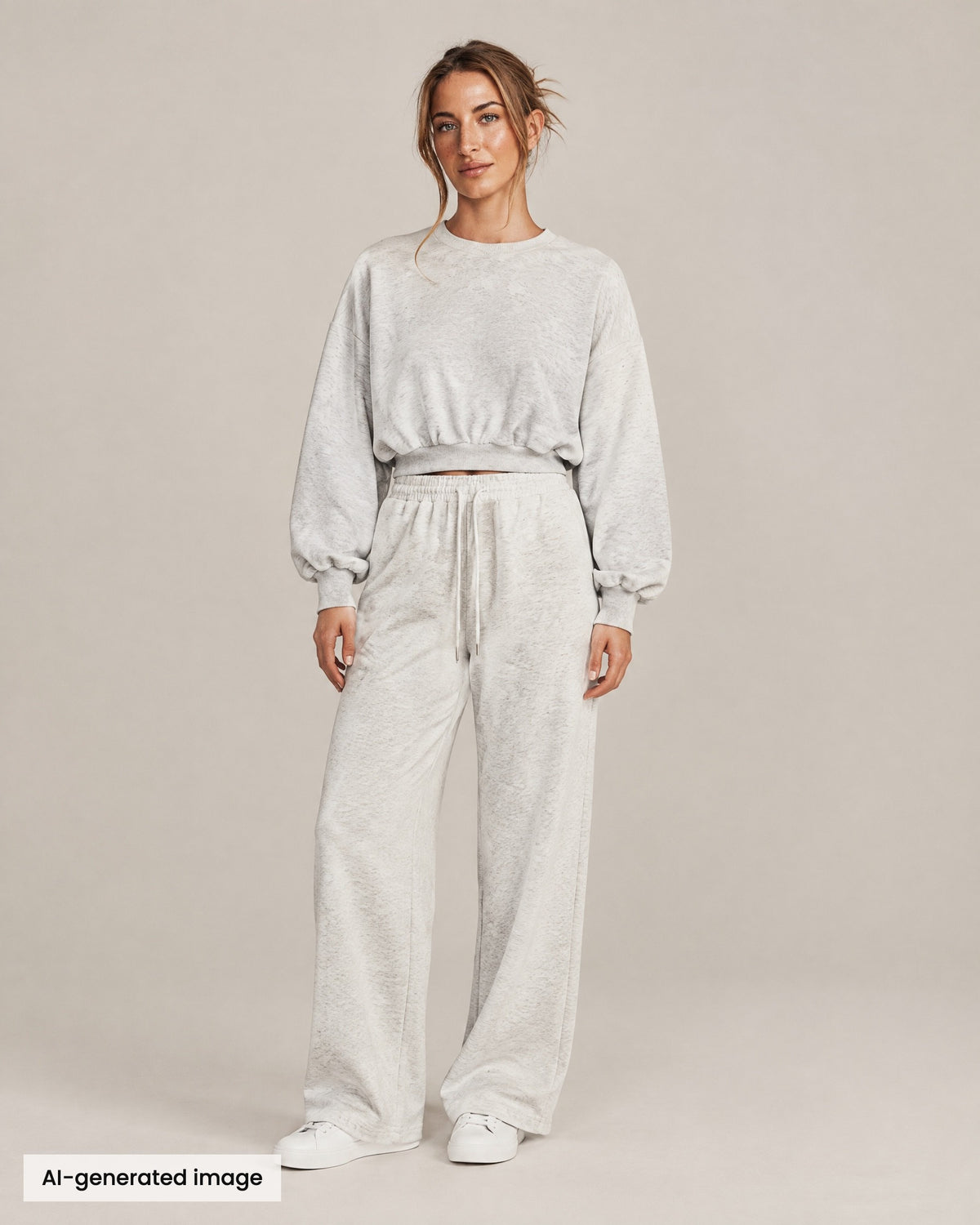 City Boxy Sweatshirt and City Straight-Leg Sweatpant in oat gray, front view. AI-generated image.