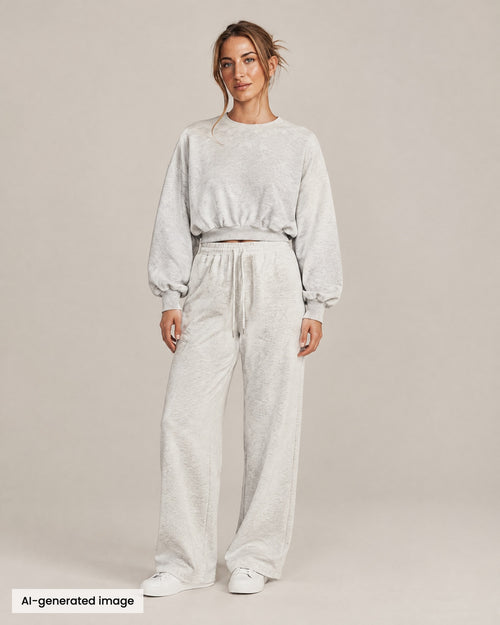 City Boxy Sweatshirt and City Straight-Leg Sweatpant in oat gray, front view. AI-generated image.