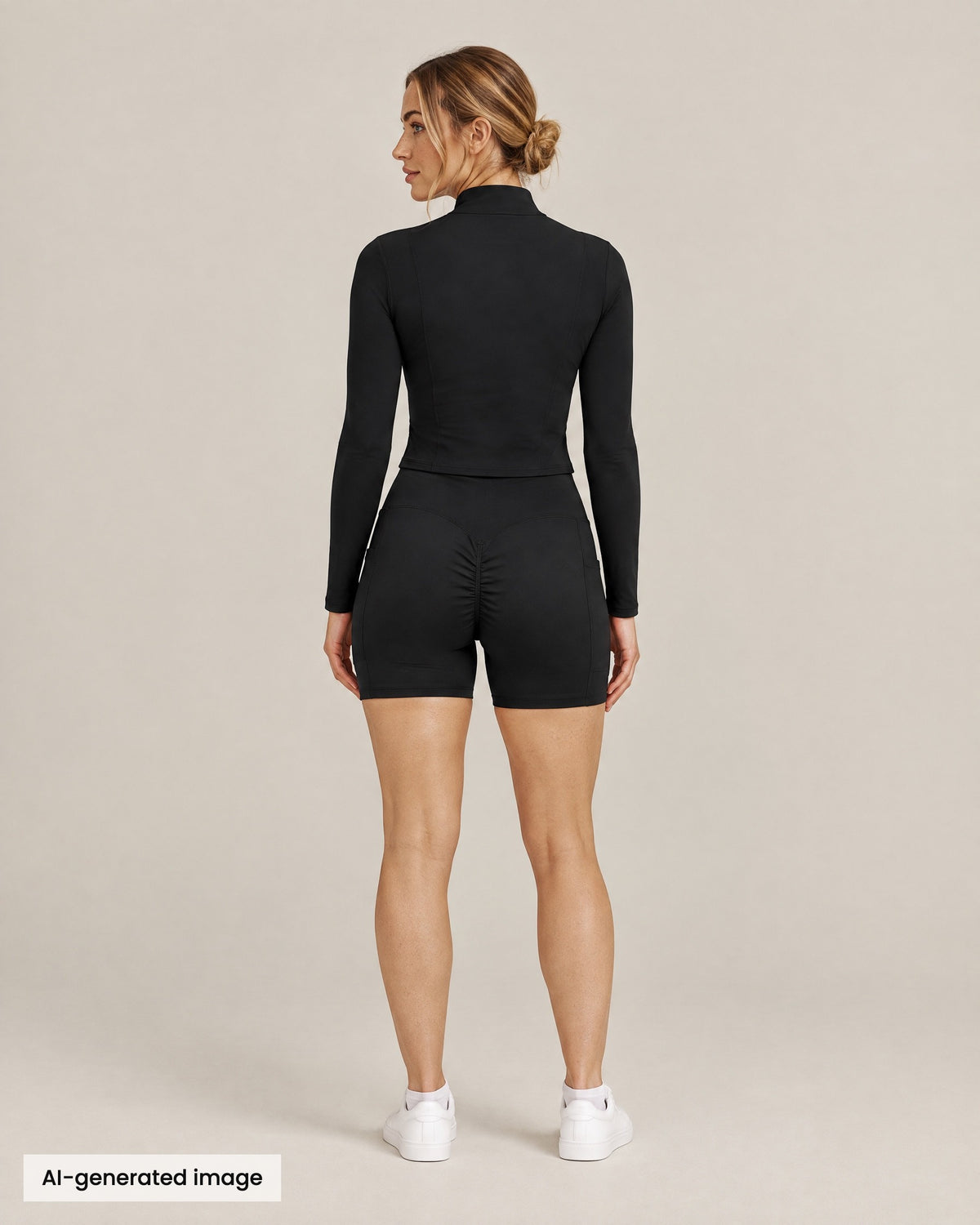 City Zip Jacket and City Pocket Short in black, back view. AI-generated image.