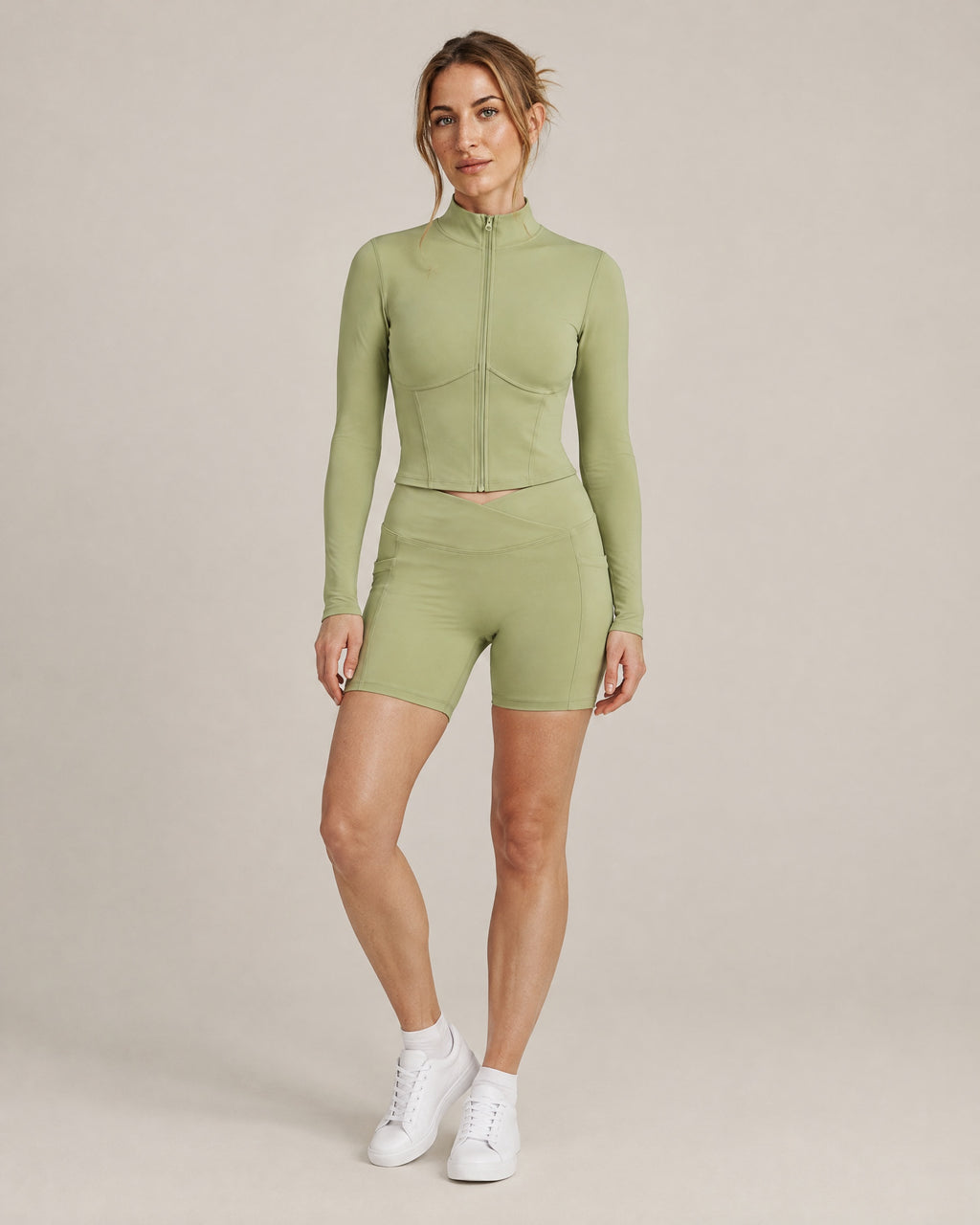 City Zip Jacket and City Pocket Short in gray green, front view