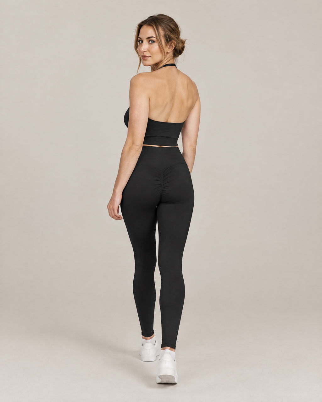 Pilates Ruched Top and Pilates Legging in black, back view
