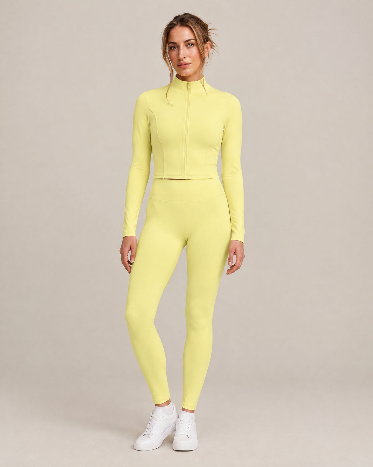 Pilates Cropped Jacket and Pilates Legging in yellow, front view