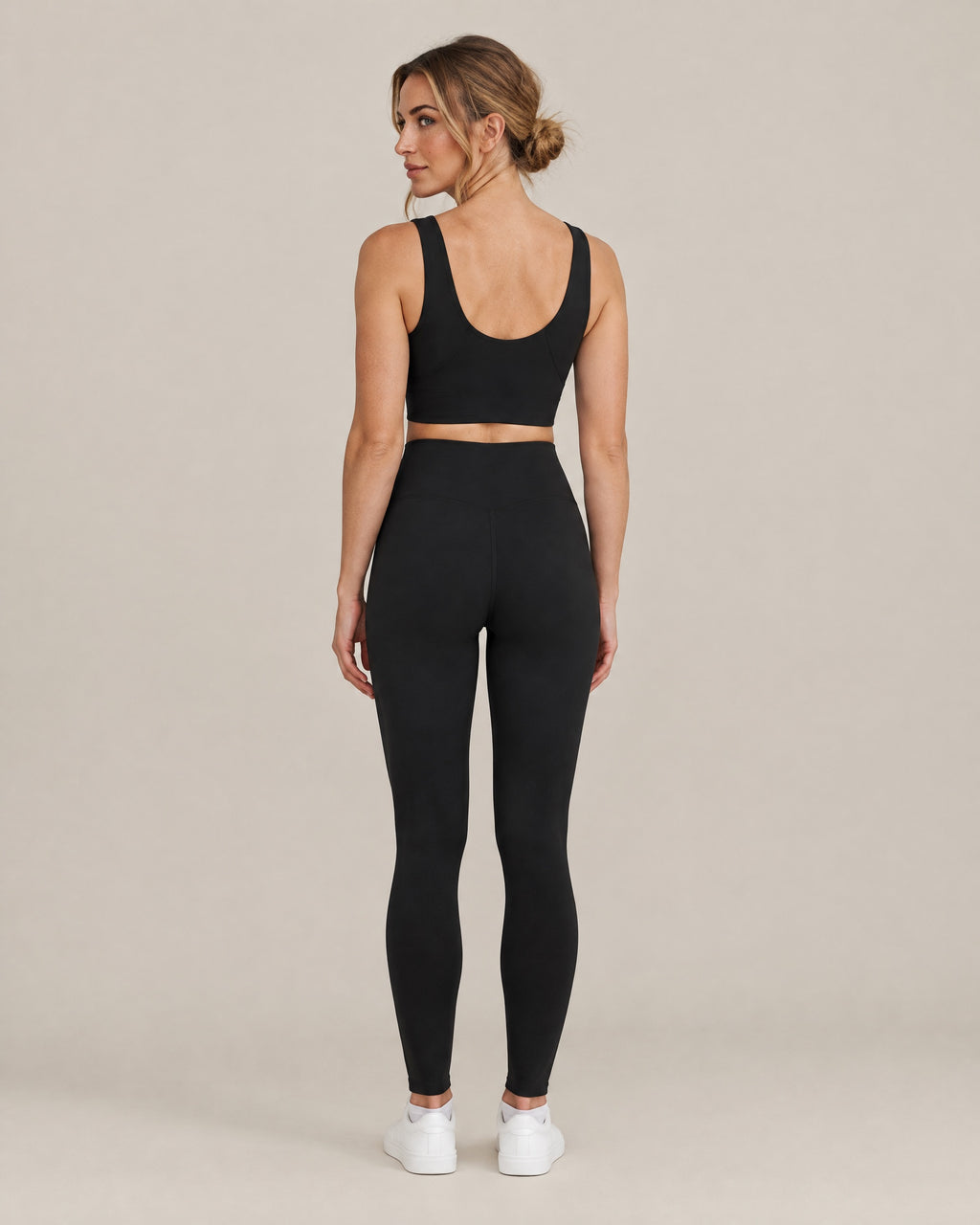 Studio V-Neck Bra and Studio Legging in black, back view