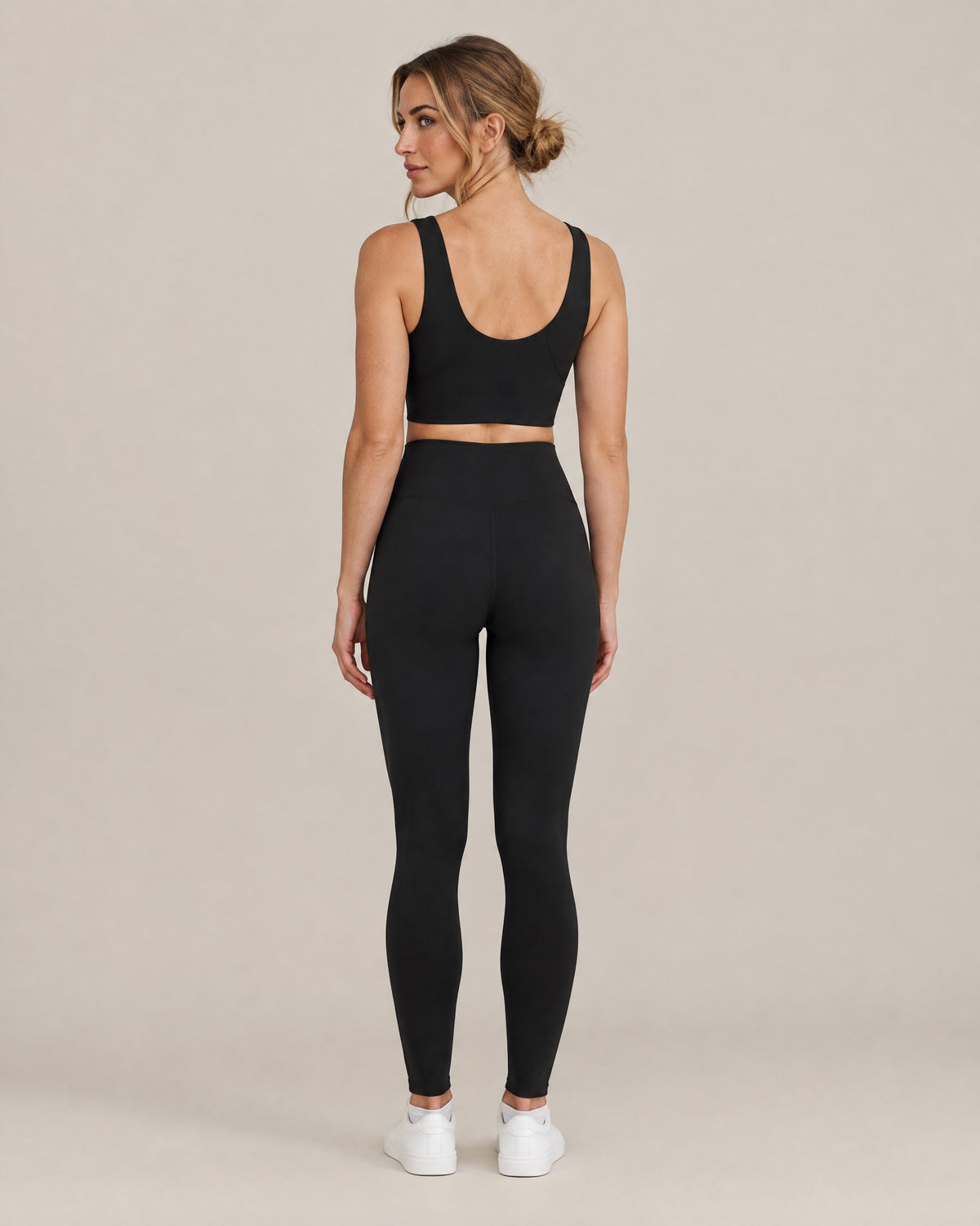Studio V-Neck Bra and Studio Legging in black, back view