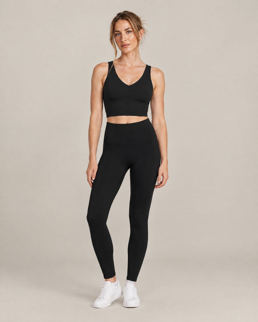 Studio V-Neck Bra and Studio Legging in black, front view