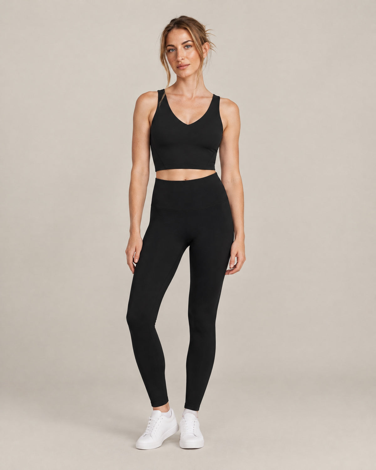 Studio V-Neck Bra and Studio Legging in black, front view